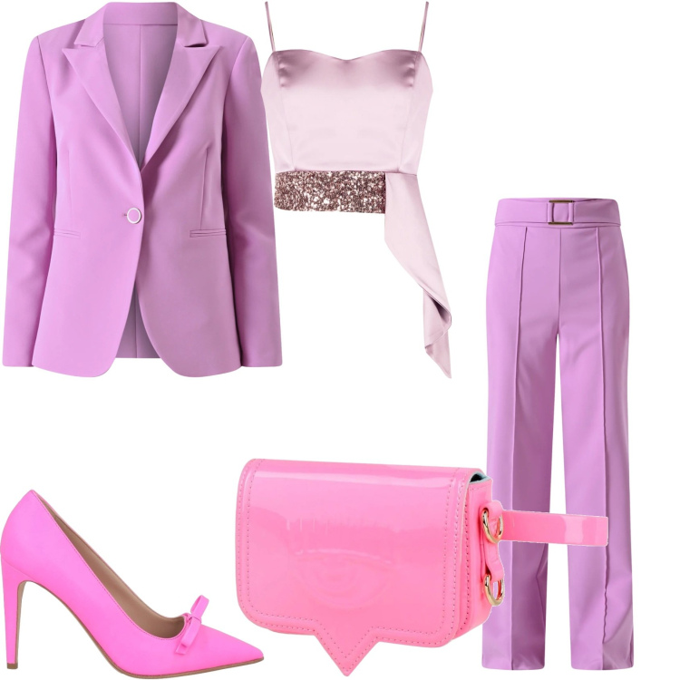 Outfit donna - Notte rosa. Stile Glamour per Serata fuori. Abbinamento con décolleté, marsupi, top, blazer, pantaloni.