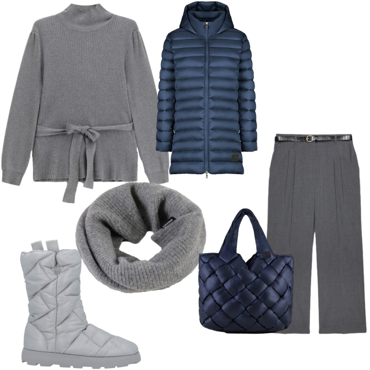 Outfit donna - Blu. Stile Casual chic per Tutti i giorni. Abbinamento con stivaletti, maglieria, piumini, borse tote, scaldacollo, pantaloni.