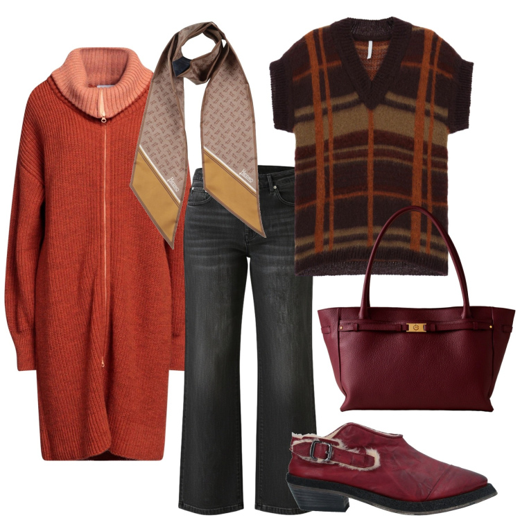 Outfit donna - Total look #2306179. Stile Etnico per Tutti i giorni. Abbinamento con mocassini, cardigans, sciarpe, jeans, maglieria, shopping bag.