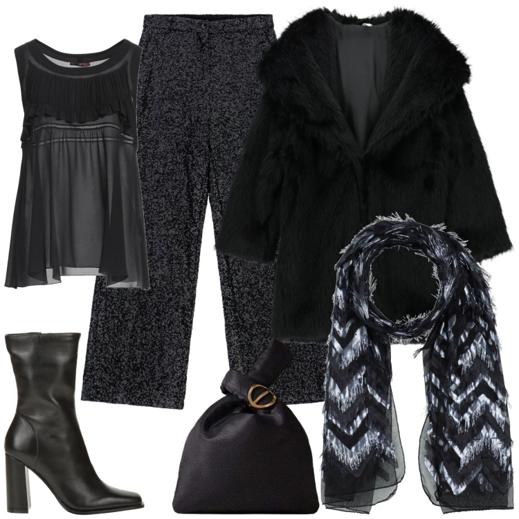 Outfit donna - Pantaloni neri con paillettes. Stile Glamour per Serata fuori. Abbinamento con top, stivaletti, sciarpe, pantaloni a palazzo, cappotti, borse a mano.