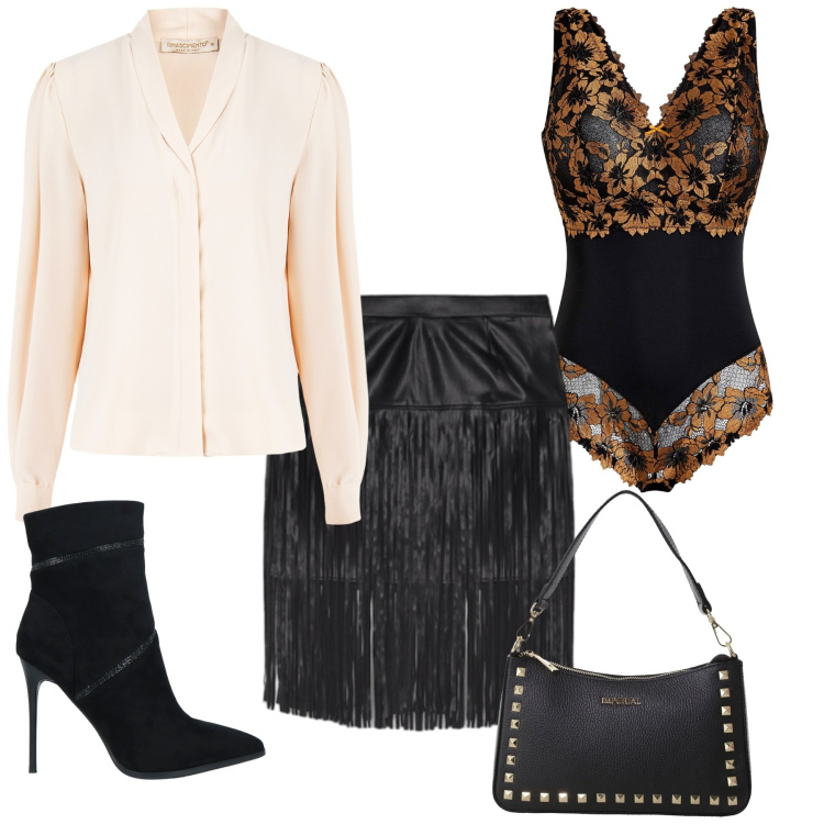 Outfit donna - Total look #2306186. Stile Glamour per Serata fuori. Abbinamento con body, stivaletti, camicie, pochette, minigonne.
