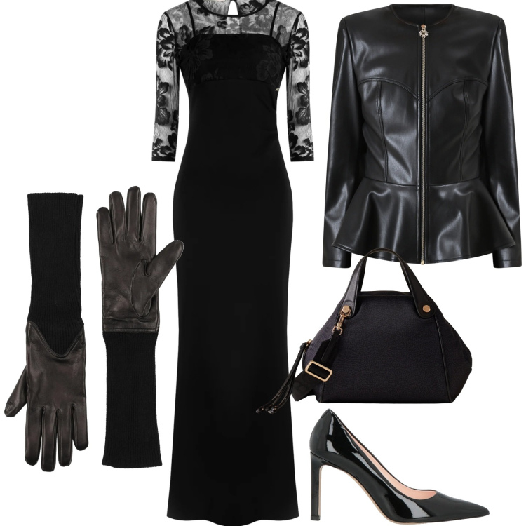 Outfit donna - Aspettando l\'anno nuovo. Stile Chic per Serata fuori. Abbinamento con guanti, décolleté, giacche, vestiti lunghi, borse a mano.