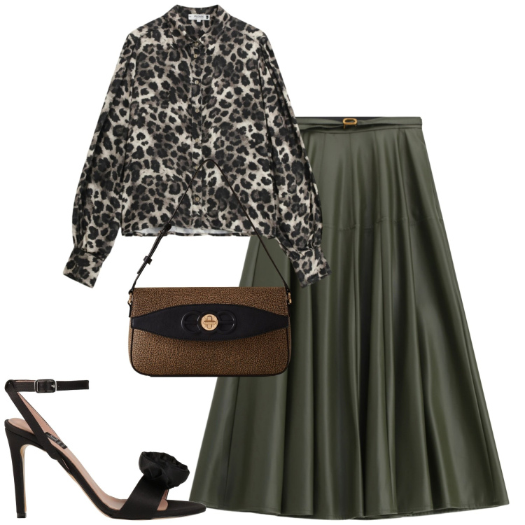 Outfit donna - Dicembre. Stile Trendy per Serata fuori. Abbinamento con sandali col tacco, camicie, gonne lunghe, borse a spalla.