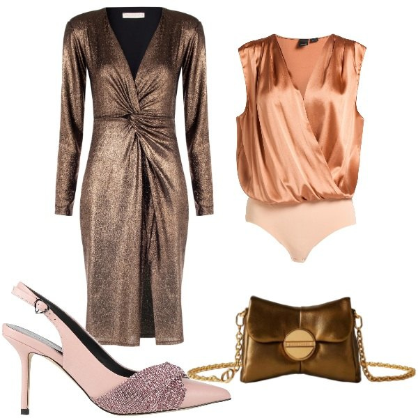 Outfit donna - Splendente. Stile Glamour per Serata fuori. Abbinamento con body, décolleté, vestiti a tubino, borse a tracolla.