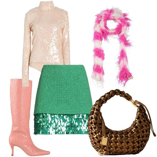 Outfit donna - per splendere. Stile Glamour per Serata fuori. Abbinamento con stivali, body, minigonne, sciarpe, borse a mano.