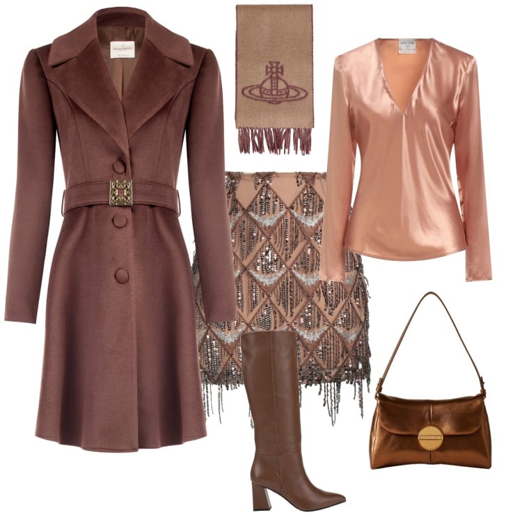 Outfit donna - Glamour per le feste. Stile Glamour per Tutti i giorni. Abbinamento con top, stivali, minigonne, sciarpe, cappotti, borse a tracolla.