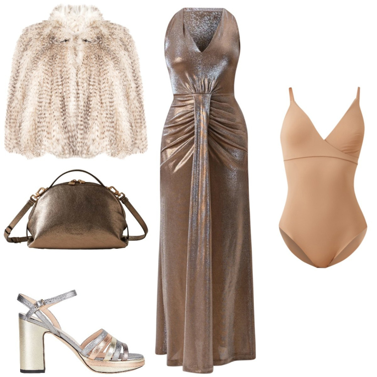 Outfit donna - Total look #2306196. Stile Glamour per Serata fuori. Abbinamento con sandali in pelle, vestiti lunghi, ecopellicce, body, borse a mano.