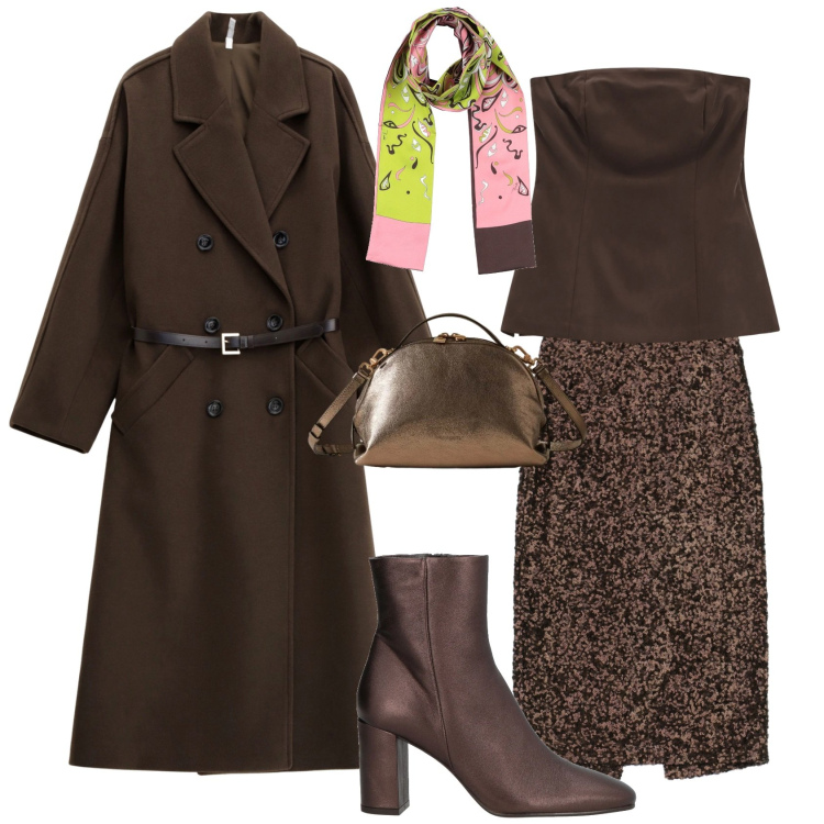 Outfit donna - Glamour serata evento. Stile Glamour per Serata fuori. Abbinamento con stivaletti, sciarpe, top, cappotti, gonne longuette, borse a mano.