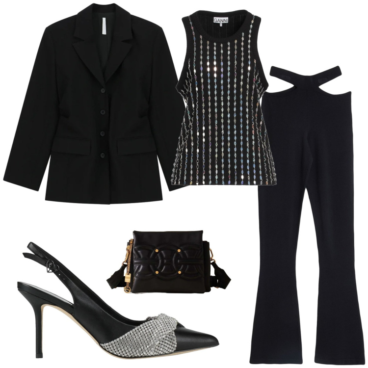 Outfit donna - Total look #2306201. Stile Glamour per Serata fuori. Abbinamento con décolleté, top, leggings, blazer, borse a tracolla.