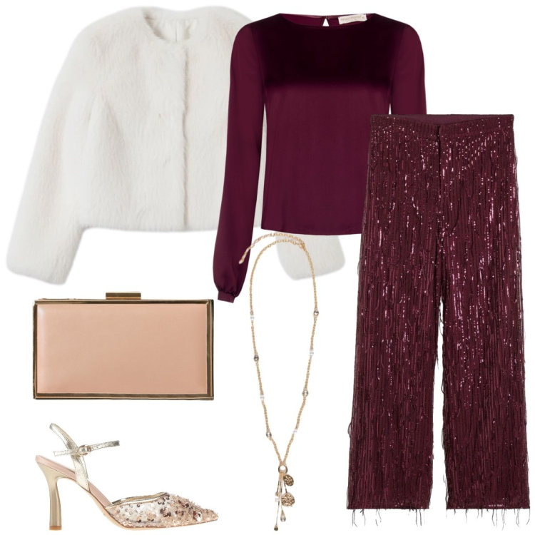 Outfit donna - Total look #2306202. Stile Glamour per Serata fuori. Abbinamento con pantaloni, décolleté, pochette, bluse, ecopellicce, ciondoli.