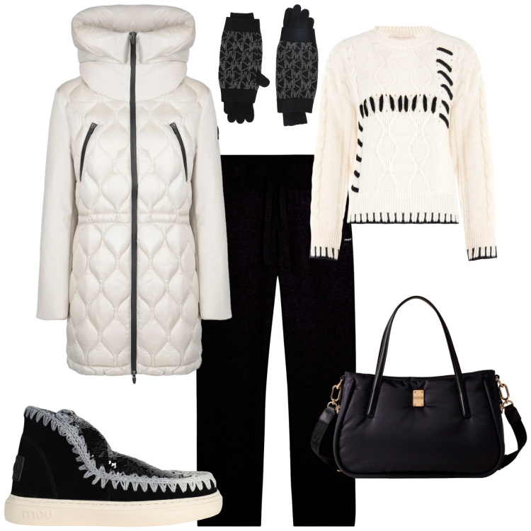 Outfit donna - Trendy freddo in città o montagna. Stile Trendy per Tutti i giorni. Abbinamento con stivaletti, guanti, maglieria, shopping bag, pantaloni, cappotti.