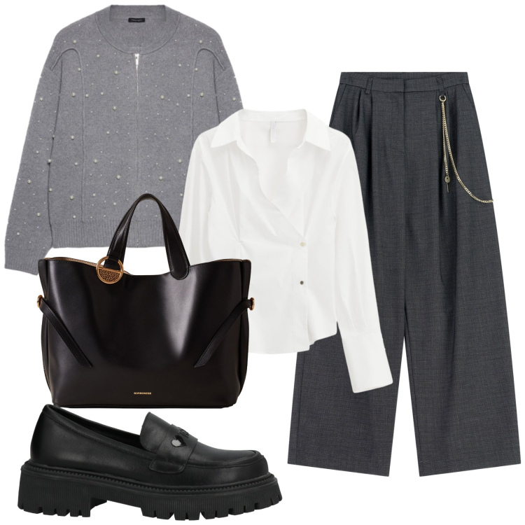 Outfit donna - Total look #2306208. Stile Casual chic per Tutti i giorni. Abbinamento con mocassini, camicie, pantaloni a palazzo, shopping bag, cardigans.