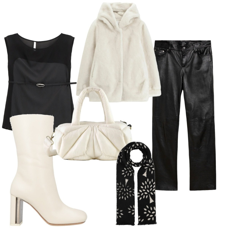 Outfit donna - Look for woman in black and White. Stile Glamour per Serata fuori. Abbinamento con pantaloni, stivaletti, sciarpe, top, ecopellicce, borse a mano.
