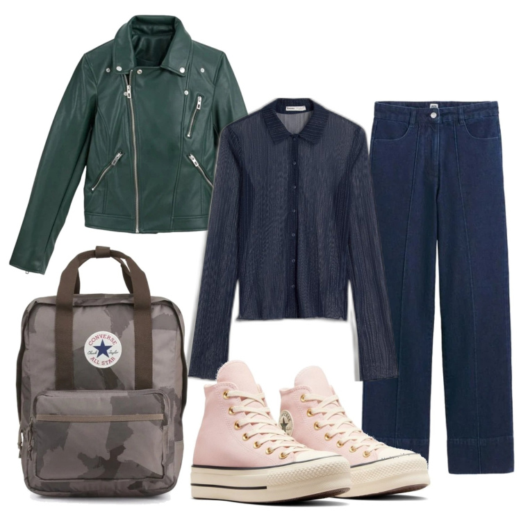 Outfit mujer - Casual #13775. Estilo Casual para Todos los días. Combinación con chaquetas, mochilas, sneakers, vaqueros, camiseta.