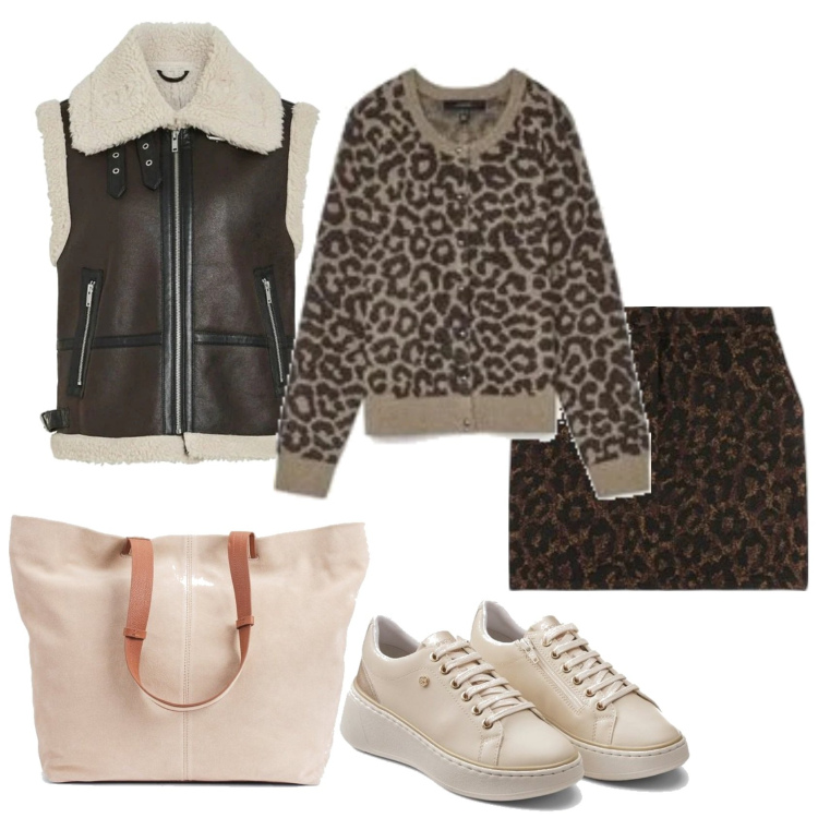 Outfit mujer - Trendy #9838. Estilo Trendy para Todos los días. Combinación con chalecos, bolso tote, sneakers, minifaldas, cárdigans.