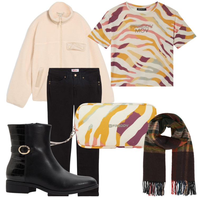 Outfit donna - Total look. Stile Casual per Tutti i giorni. Abbinamento con jeans dritti, caban, stivaletti, sciarpe, valigie, t-shirt.