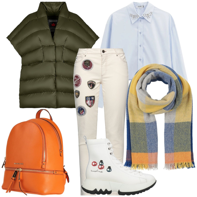 Outfit donna - Total look. Stile Casual chic per Tutti i giorni. Abbinamento con jeans slim fit, sciarpe, stivaletti, zaini, camicie, piumini.