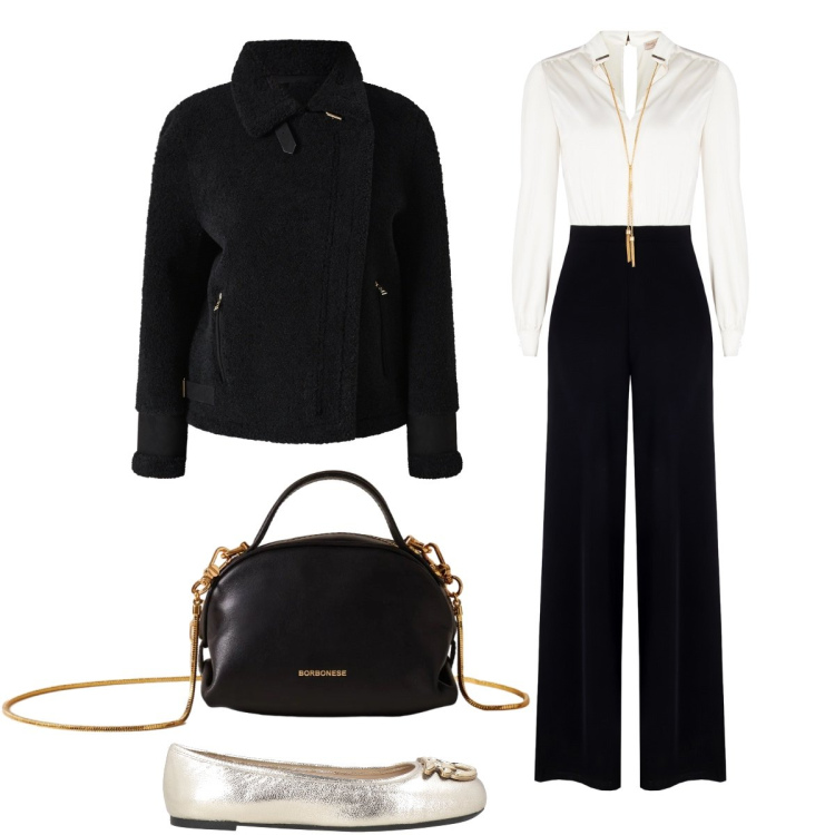 Outfit donna - Per l’ultima serata dell’anno. Stile Chic per Serata fuori. Abbinamento con ballerine, tute, ecopellicce, borse a mano.