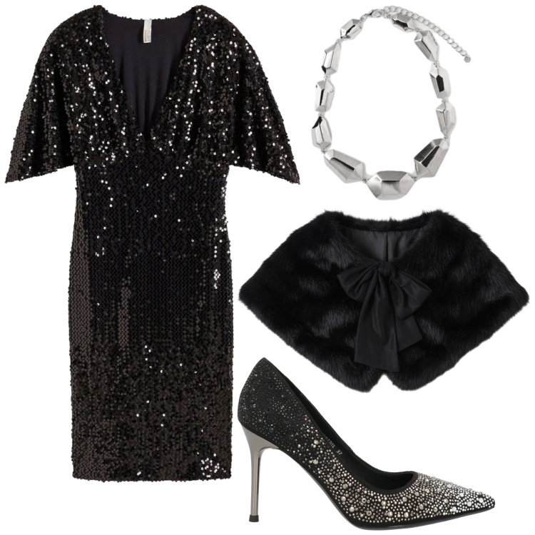 Outfit donna - Party Ready. Stile Rock per Serata fuori. Abbinamento con vestiti corti, décolleté, stole, ciondoli.