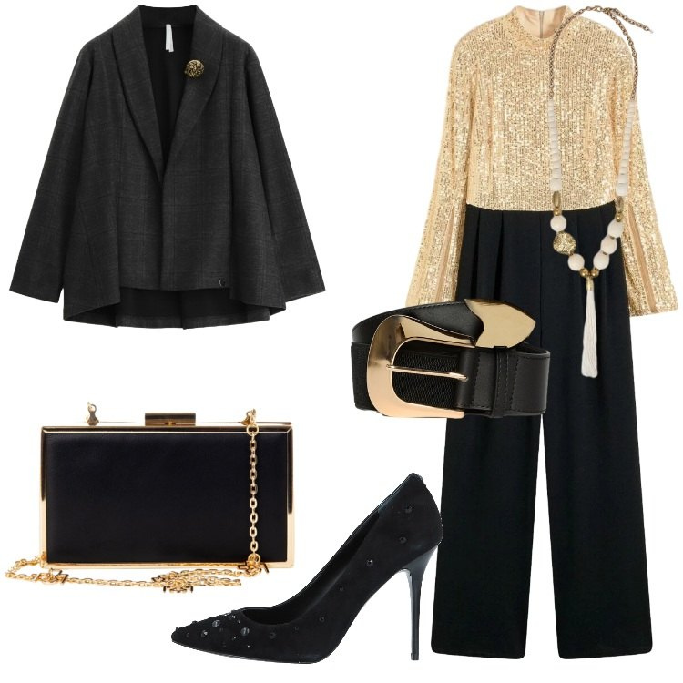 Outfit donna - Party Ready. Stile Chic per Serata fuori. Abbinamento con tute, décolleté, pochette, blazer, cinture, ciondoli.