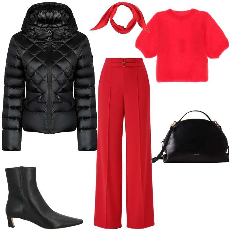 Outfit donna - Minimal chic. Stile Minimal per Serata fuori. Abbinamento con stivaletti, sciarpe, pantaloni a palazzo, t-shirt, borse a mano, piumini.