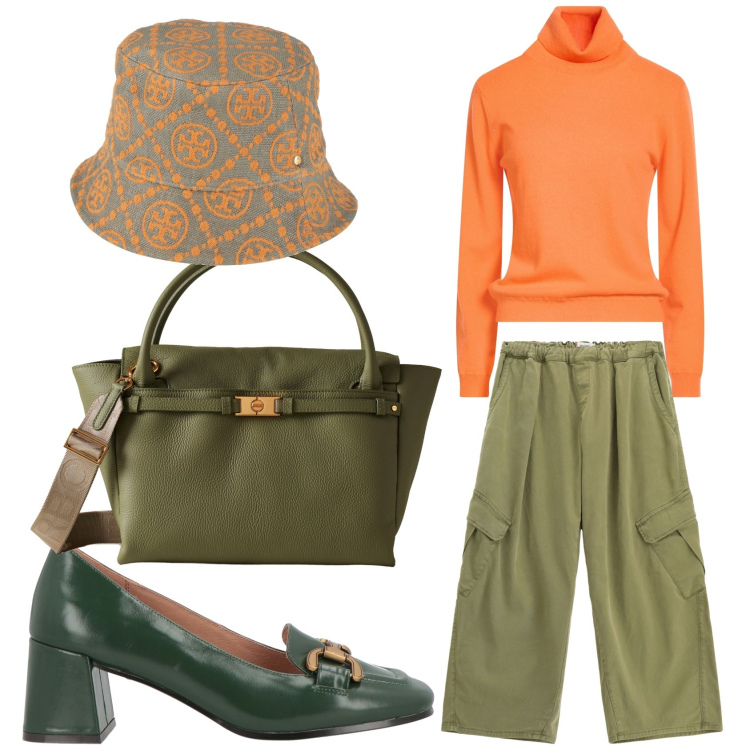 Outfit donna - Pantaloni con le tasche. Stile Basic per Tutti i giorni. Abbinamento con mocassini, maglieria, cappelli, pantaloni cargo, borse a mano.