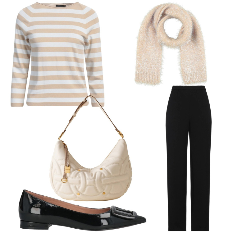 Outfit donna - Classica ed elegante in Emporio Armani. Stile Chic per Ufficio. Abbinamento con sciarpe, pantaloni, pullovers, ballerine, borse a spalla.