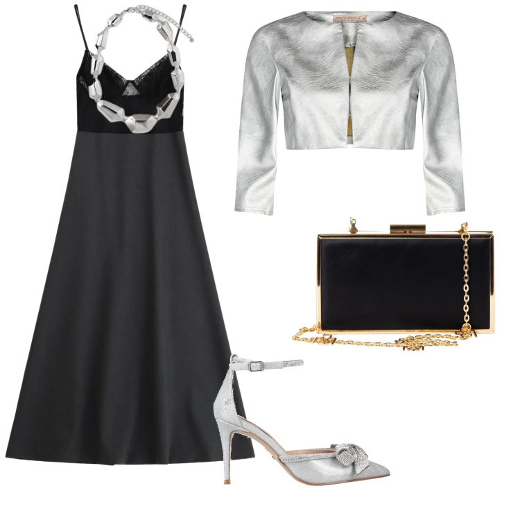 Outfit donna - Cena intima. per Serata fuori. Abbinamento con décolleté, bolero, pochette, vestiti lunghi, ciondoli.