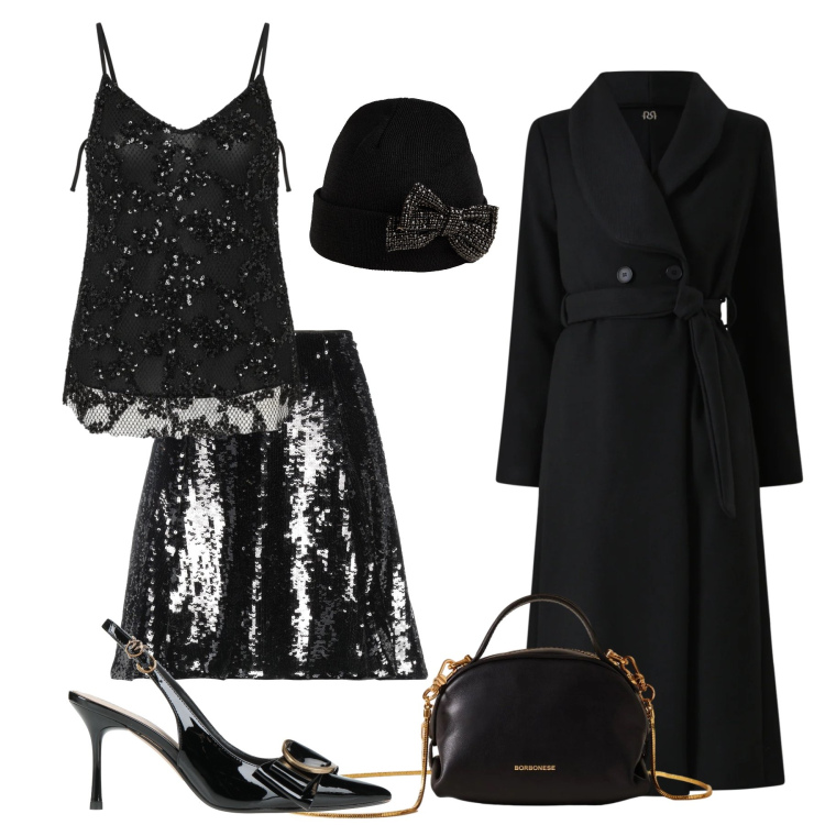Outfit donna - Black party. Stile Chic per Serata fuori. Abbinamento con minigonne, cappelli, décolleté, cappotti, canottiere, borse a mano.