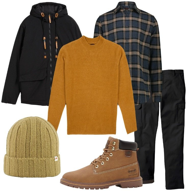 Outfit uomo - Flanella e morbidezza. Stile Casual per Tutti i giorni. Abbinamento con pantaloni cargo, stivali e stivaletti, piumini, cappelli, camicie, maglieria.