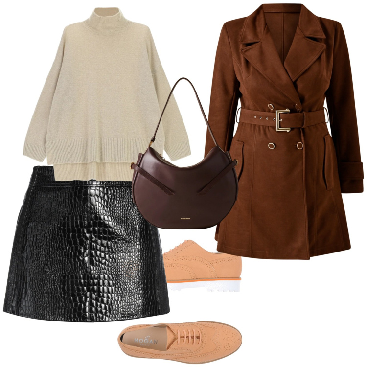 Outfit donna - Settimana di natale. per Tutti i giorni. Abbinamento con minigonne, scarpe stringate, trench, maglieria, borse a spalla.