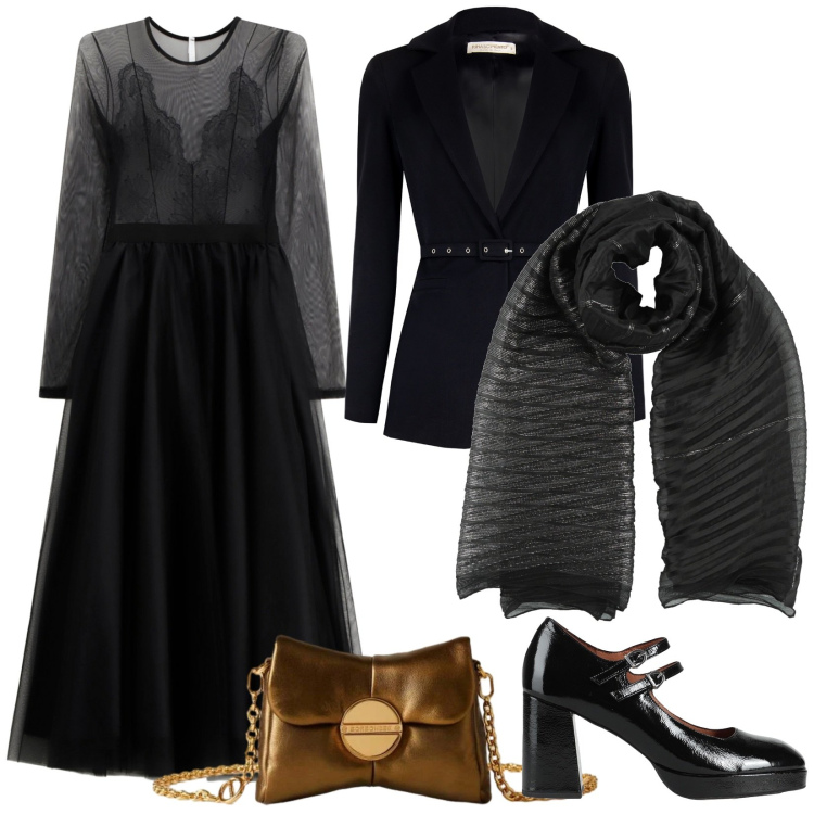 Outfit donna - Romantica Dark. Stile Rock per Serata fuori. Abbinamento con décolleté, sciarpe, blazer, vestiti midi/longuette, borse a tracolla.