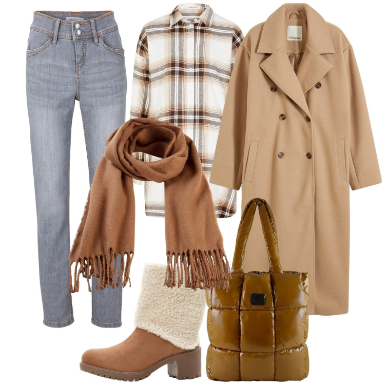 Outfit donna - Un po\' "country". Stile Casual per Tutti i giorni. Abbinamento con jeans slim fit, sciarpe, cappotti, camicie, stivaletti, shopping bag.