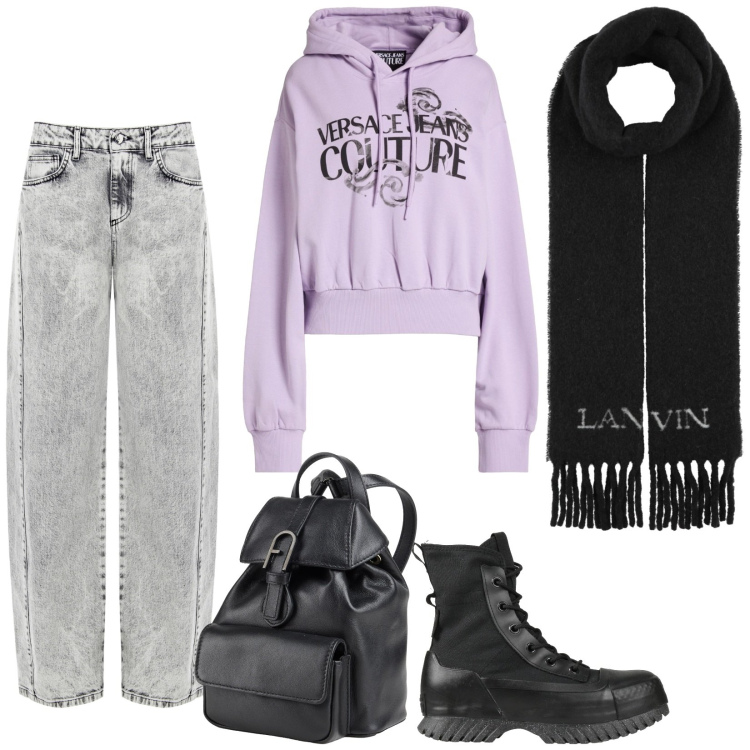 Outfit donna - Urban raffinato. Stile Urban per Tutti i giorni. Abbinamento con stivaletti, felpe, sciarpe, zaini, jeans.