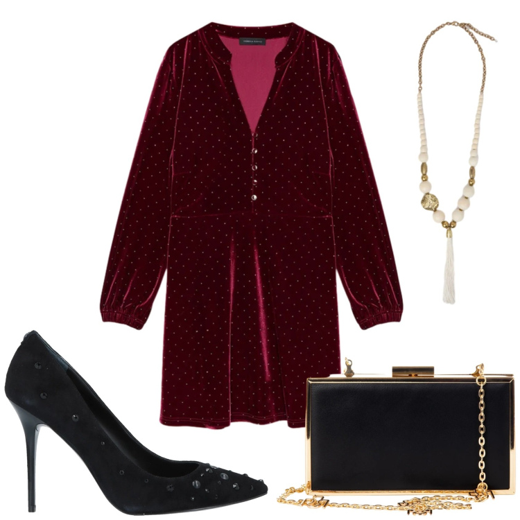 Outfit donna - Capodanno in rosso. Stile Glamour per Serata fuori. Abbinamento con décolleté, pochette, ciondoli, vestiti corti.