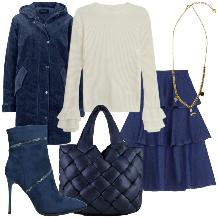 Outfit donna - Gonna lunga blu. Stile Trendy per Tutti i giorni. Abbinamento con parka, stivaletti, gonne lunghe, maglieria, ciondoli, borse tote.