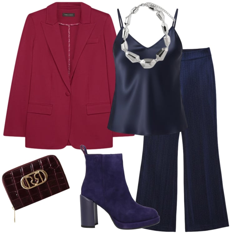 Outfit donna - Cena aziendale. Stile Chic per Serata fuori. Abbinamento con stivaletti, pantaloni, canottiere, portafogli, blazer, ciondoli.