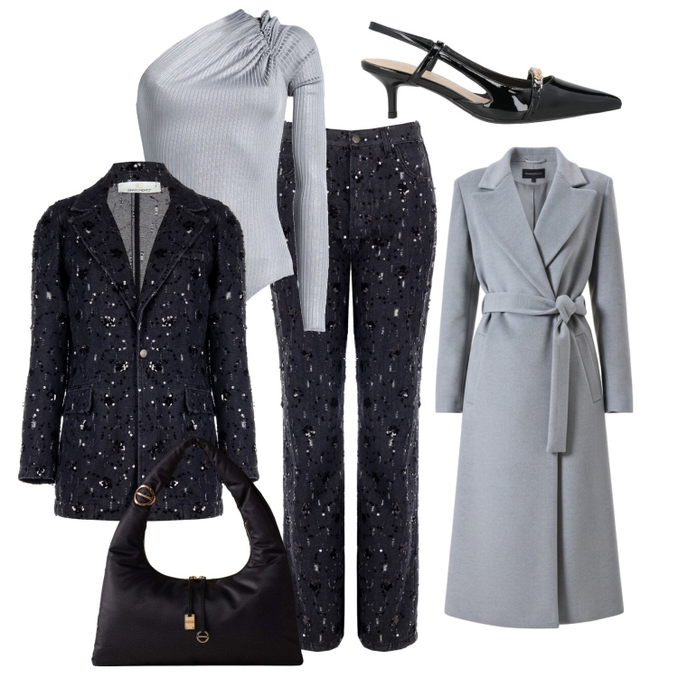 Outfit donna - Denim in paillettes. Stile Chic per Serata fuori. Abbinamento con body, décolleté, pantaloni, blazer, cappotti, borse a mano.