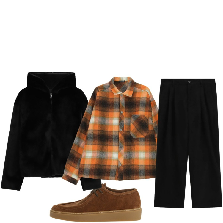 Outfit uomo - Flanella scozzese arancione. Stile Casual per Tutti i giorni. Abbinamento con pantaloni, camicie, scarpe stringate, bomber.