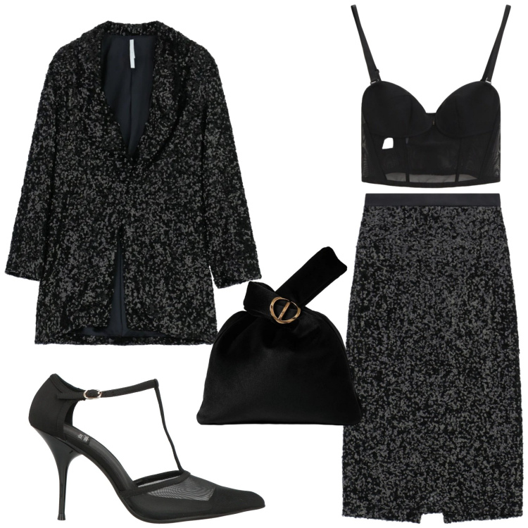 Outfit donna - Party Ready. Stile Chic per Serata fuori. Abbinamento con décolleté, top, blazer, gonne longuette, borse a mano.