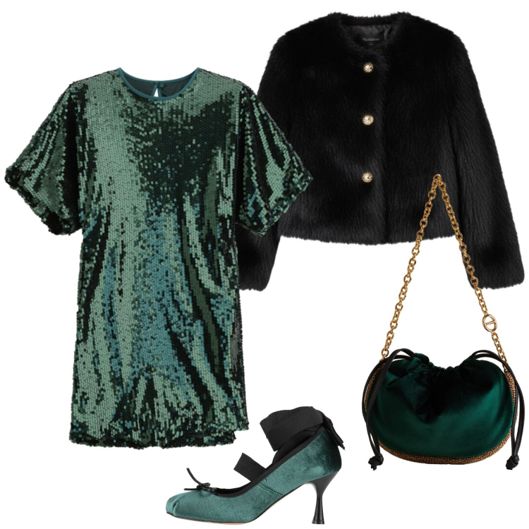 Outfit donna - Capodanno in verde. Stile Chic per Serata fuori. Abbinamento con décolleté, vestiti corti, ecopellicce, borse a spalla.