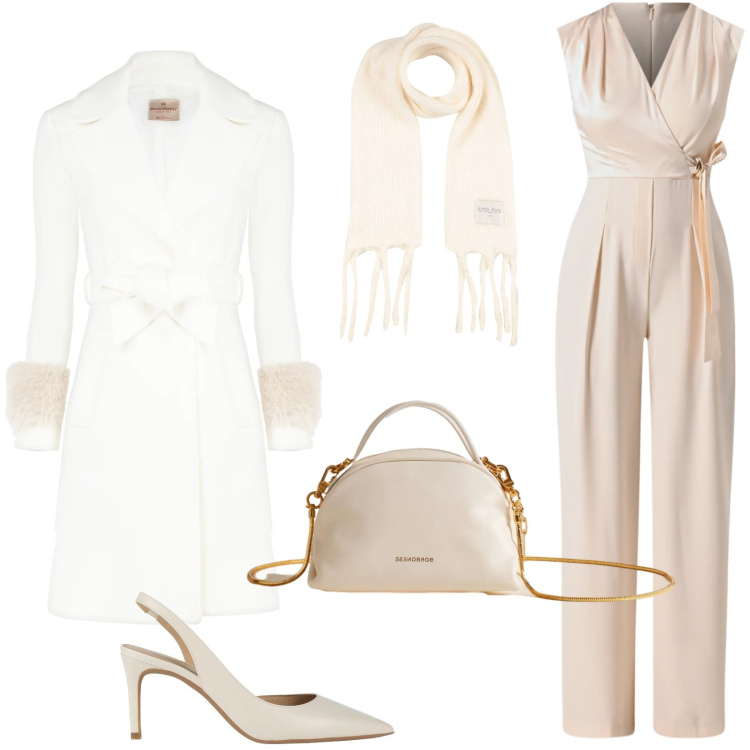 Outfit donna - Bianco e beige... look sofisticato!. Stile Chic per Serata fuori. Abbinamento con sciarpe, décolleté, vestiti chemisier, cappotti, borse a mano.