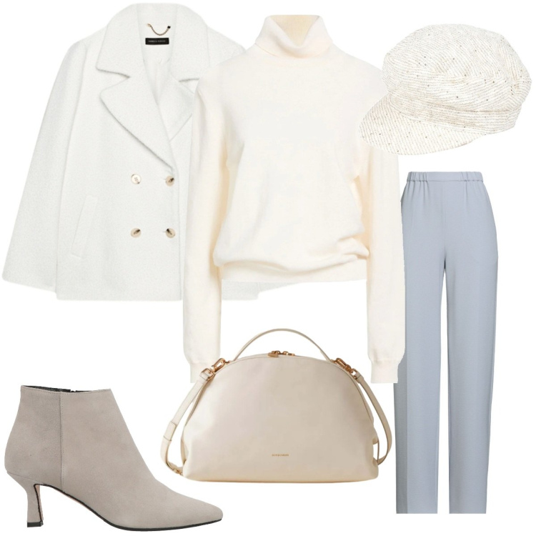 Outfit donna - Bianca come la neve. Stile Casual chic per Tutti i giorni. Abbinamento con pantaloni, cappelli, stivaletti, maglieria, borse a mano, caban.