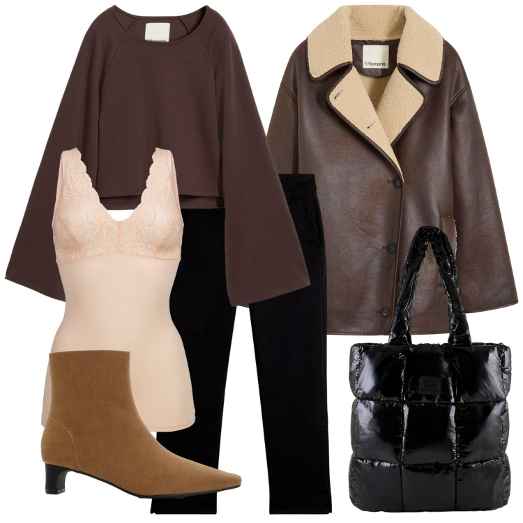 Outfit donna - Caffè nero. Stile Chic per Tutti i giorni. Abbinamento con cappe, top, stivaletti, blazer, pantaloni, shopping bag.