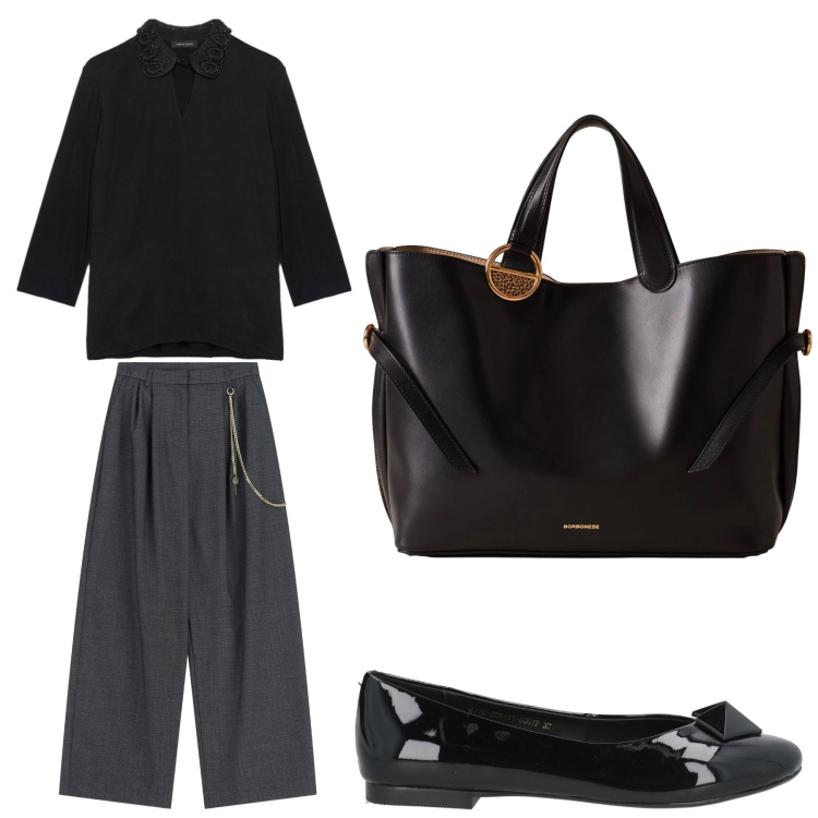 Outfit donna - Aperitivo. Stile Trendy per Tutti i giorni. Abbinamento con ballerine, pantaloni a palazzo, shopping bag, t-shirt.