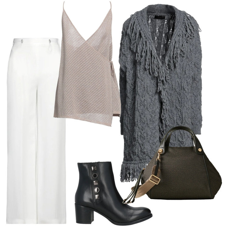 Outfit donna - Cardigan con le frange. Stile Casual chic per Tutti i giorni. Abbinamento con cardigans, top, stivaletti, pantaloni, borse a mano.