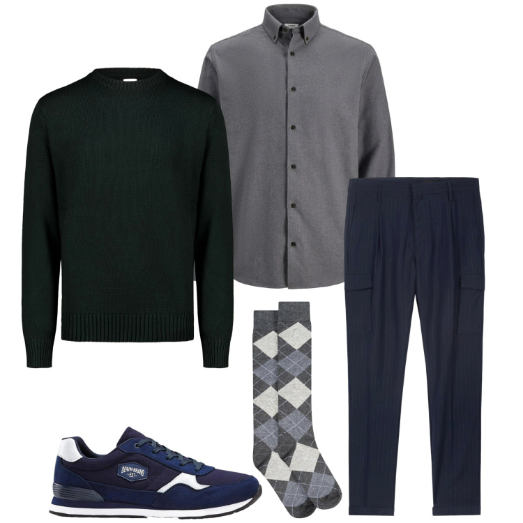 Outfit uomo - A cena da amici. Stile Casual per Serata speciale. Abbinamento con sneakers, camicie, pantaloni cargo, maglieria, calzini.