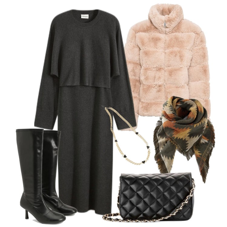 Outfit femme - Décembre. Style Tendance pour Tous les jours. Assortir avec robes, fausses fourrures, foulards, sacs en bandoulière, colliers, bottes.