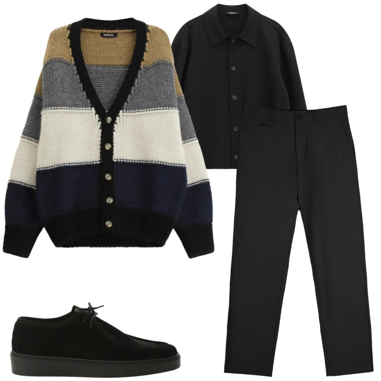Outfit uomo - Cardigan rigato. Stile Trendy per Serata speciale. Abbinamento con camicie, scarpe stringate, cardigans, pantaloni chino.