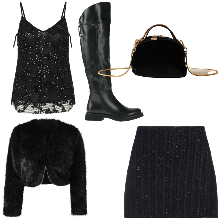 Outfit donna - Party di capodanno. Stile Trendy per Serata fuori. Abbinamento con minigonne, stivali, blazer, canottiere, borse a mano.